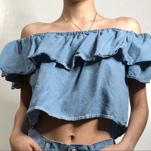 Chambray cropped off the shoulder blouse